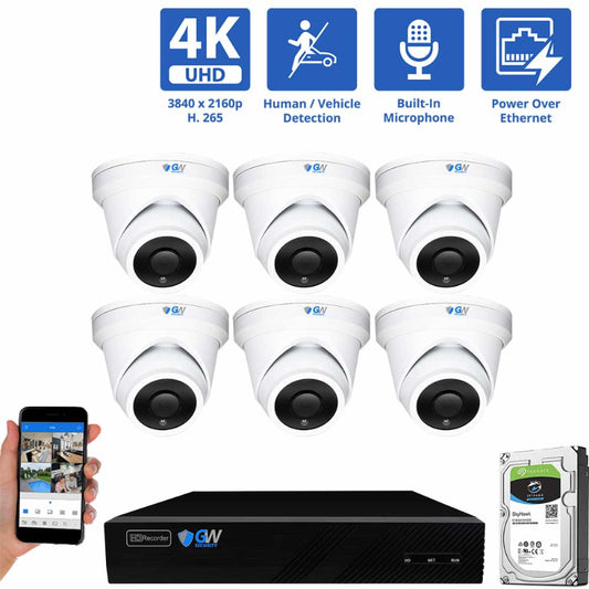 8-Channel 4K PoE NVR System with 6× 6MP Turret Cameras, Human/Vehicle Detection, Built-In Microphones - My Store